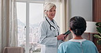 Woman, doctor and happy with tablet in hospital for surgery success, discharge news and results. Patient, mature health worker and tech in clinic ward for medical recovery, release info and support