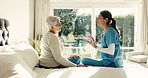 Tablet, nurse and old person in bedroom of retirement home for healthcare, discussion or support. Woman, caregiver and digital tech with elderly patient for conversation, report or advice in house