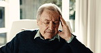Headache, stress and old man in retirement home with fatigue, high blood pressure and health problem. Tired, elderly person and pain in house with migraine, hypertension symptoms or medical condition