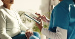 Tablet, nurse and hands with old person in senior care home for healthcare, discussion or support. Woman, caregiver and digital tech with elderly patient for retirement, report or advice in house