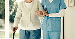 Physiotherapist, hands and old woman in nursing home with cane, exercise and assistance for walking. Healthcare worker, help and senior person with mobility aid, rehabilitation and physical therapy.
