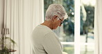 Thinking, serious and old woman at house with vision, ideas and insight for calm morning. Senior person, relax and mindset in bedroom with reflection, nostalgia memory and remember past on retirement