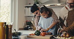Cooking, help and family in kitchen at house for bonding, care and learning culinary skill for growth. Smile, connection and child with parents for preparing dinner, meal or supper for development.