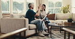 Finance, tablet or couple high five in home for mortgage pay off, under budget or loan settlement. Happy, mature people and celebration with tech for credit balance, debt free or financial security