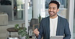 Business, presentation and man with tablet, talking and financial planning with research on website. Office, speaker and happy person with tech, discussion and ideas for wealth management with info