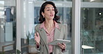 Presentation, tablet and business woman in workshop for feedback, finance review and kpi report. Meeting, startup and mature speaker with tech for research, budget and planning for collaboration