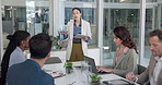 Presentation, tablet and business woman in workshop for feedback, finance review and kpi report. Meeting, startup and speaker with tech for online research, strategy and planning for collaboration