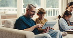 Happy, tablet and dad with child on sofa for bonding, connection and relax together on weekend. Family, tech and kids with parents on couch for watching videos, online games and drawing in home