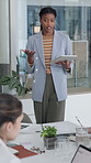 Business, woman and speaker in office with tablet, research and discussion for accounting. Person, presentation and team listening with digital, conversation and brainstorming for financial proposal