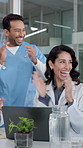 Doctor, team or happy woman with applause on laptop in office for winning or achievement together. Excited, group or healthcare worker clapping with smile on computer for medical success or good news