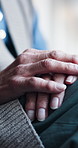 Hands, thinking and senior person in nursing home with reflection, thoughts and memory loss. Retirement, facility and elderly woman with wondering, remember and worry for pension, wellness or health