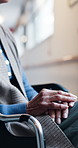 Nursing home, thinking and senior woman in wheelchair with reflection, thoughts and dementia. Retirement, hallway and elderly person with disability for wondering, contemplation or memory at facility