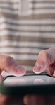 Typing, message and hands with phone, online and communication with contact on social media or chat. Digital, connection and person with mobile, internet search and networking with tech and texting