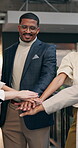 Happy people, solidarity and hand stack with team in business, motivation and collaboration for win. Office, synergy and partnership with colleagues, clapping and celebration together for achievement