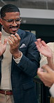 Business people, happy and applause for support in office, motivation or unity for project goals. Group, team and together with clapping for celebration, smile and praise for professional growth