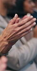 Hands, applause and business person with praise for achievement, support or celebrate at conference. Audience, employee team and clapping with professional pride, success or winner at corporate event