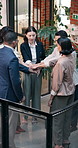 Business people, hands together or applause for support in office, motivation or mission for project goals. Group, team and stack for professional collaboration, solidarity and trust in workplace