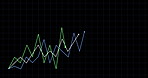 Trading, graphs and lines on dashboard for trend indicator, market volatility or performance metrics. Digital, data points and finance info for share price fluctuation, stock movement or dark display