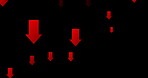 Trading, dashboard and arrows for market decline, asset price drop or sell off in economic recession. Digital shares, icons and stock slump for bearish signal, investment risk or loss on dark display