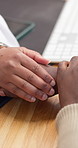 Medical, comfort and people in hospital with holding hands, support or empathy on clinical results. Kindness, patient or doctor with compassion, understanding and sympathy for healthcare diagnosis.