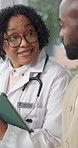 Doctor, tablet and talking to patient with medical results, online research and symptoms. Healthcare worker, tech and insurance survey in consultation with person, wellness evaluation and advice.