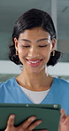 Tablet, nurse and happy woman in hospital for medical update, assessment report or feedback. Smile, healthcare worker and person with technology for insurance information, admin task or telehealth