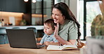 Video call, child and mom with laptop in home, remote work and happy woman with son or multitasking. Freelance, virtual meeting and person with toddler, wave and laughing with technology in house
