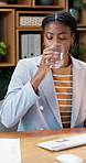 Office, computer and black woman with water for report, account manager and typing in agency. Happy, business person and accounting with drink, hydration and tech for project or finance review