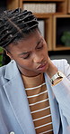 Black woman, stress and neck pain in office with fatigue, audit deadline or posture issue with report. Exhausted, African person and strain in business with burnout, muscle tension or accounting job