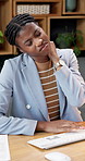 Black woman, stress and neck pain in office with computer, audit deadline or posture issue with report. Exhausted, African person and tech in business with burnout, muscle tension or accounting job