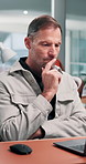 Businessman, laptop or thinking with decision in office for company proposal or job opportunity. Man, employee or contemplating with computer or technology for business offer or research in workplace
