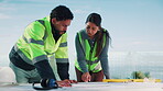 Blue sky, conversation and floor plan with people on construction site together for collaboration. Architecture, blueprint and project management with building team outdoor for design discussion