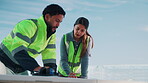 Blue sky, conversation and project management with people on construction site for collaboration. Architecture, development and engineering with building team outdoor together for design discussion