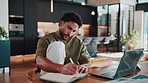 Man, remote work or writing notes with laptop for social media marketing, analysis or trend research. Computer, home and person with notebook for engagement chart, freelance campaign and hashtag list