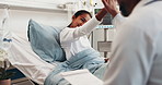Girl, doctor and high five in hospital bed for health, wellness and medical advice with consultation. Child, pediatrician and checkup with support for recovery, results and healthcare assessment