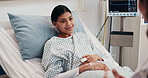 Woman, doctor and conversation in hospital bed for recovery, wellness and medical advice with consultation. People, discussion and checkup with support for health, results and healthcare assessment