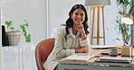 Marketing, face and woman in office with smile, PR specialist and pride as creative consultant. Happy, laptop and brand advisor with confidence, advertising career and about us in business identity.
