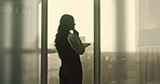 Thinking, woman and lawyer in office with tablet, research and online evidence for court case. Back, person and attorney at law firm with digital, witness statement and legal records for proceedings