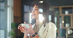 Thinking, woman and lawyer in office with coffee, start day and inspiration for court case. Smile, attorney and daydreaming at window with beverage, legal strategy and solution of lawsuit proceedings