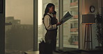 Business, phone call or woman in office with document, funding request or online chat on portfolio. Contact, tech or finance advisor with paper, investment inquiry or client feedback on asset status.