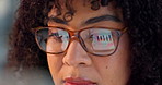 Woman, glasses and tech in office with reflection, HR data and analysis of employee retention rate. Analyst, person and online research in business with human resource stats, graphs or staff turnover