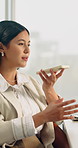 Businesswoman, laptop and loudspeaker in office with phone, project management or tired of work task. Series, person talk and tech with contact, burnout and fatigue from productivity at end of day.