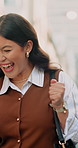 Walking, city and excited woman with phone for winning, business success or outdoor celebration. Happy, female person or traveler with smile or fist pump on smartphone for achievement or good news