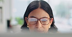 Glasses, computer and businesswoman in office with research on creative project at startup. Reading, spectacles and magazine editor with technology for online article with editing in workplace.