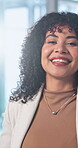 About us, confidence and face of business woman in office for corporate or financial career. Flare, friendly and smile of happy employee in workplace for finance, investment or wealth management