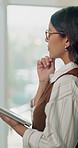 Businesswoman, thinking and scroll in office with tablet, glasses and report for HR administration. Person, reflection and typing in workplace with tech, human resources job and planning for company.