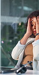 Call center, headache and woman with headset, overworked and tired with target pressure and burnout. Telemarketing, migraine and person with mic for consultation, stress and lead generation on laptop
