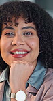 Business, woman and happy with face in office for corporate banking, risk manager and job integrity. Confident, compliance officer or smile at firm for financial career, regulatory expertise or trust