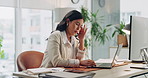 Business, woman and laptop with headache in office for audit pressure, ergonomic strain and stress. Accountant, tech and migraine massage at desk for payroll workload, muscle fatigue and overworked 