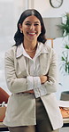 Face, arms crossed and woman in office with laugh, about us and smile in creative agency. Happy, portrait and journalist with pride for copywriting, confidence and magazine editor with ambition